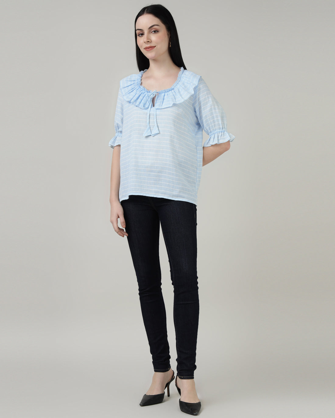 Ruffled Tie-Up Striped Blue Top-3001