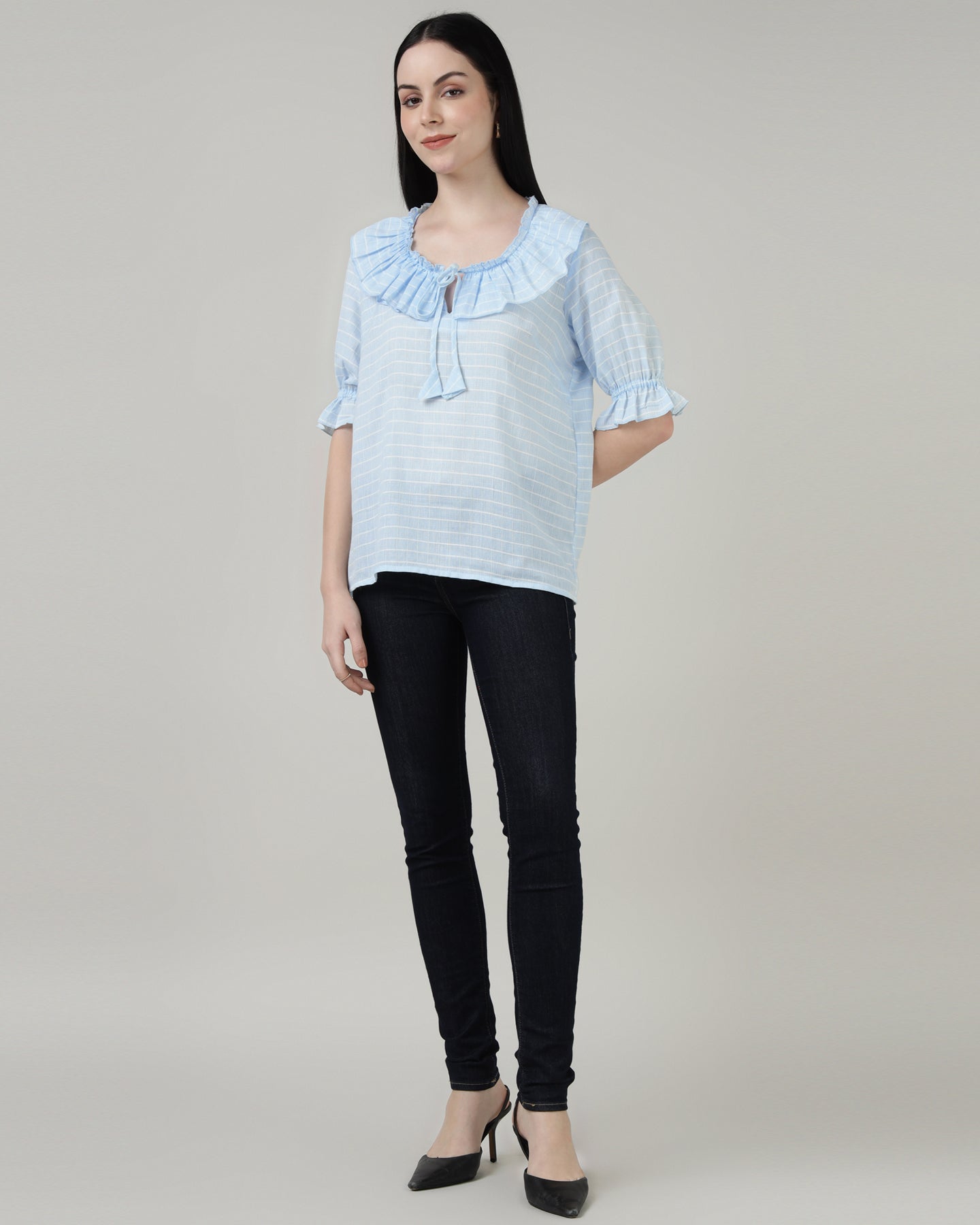 Ruffled Tie-Up Striped Blue Top-3001