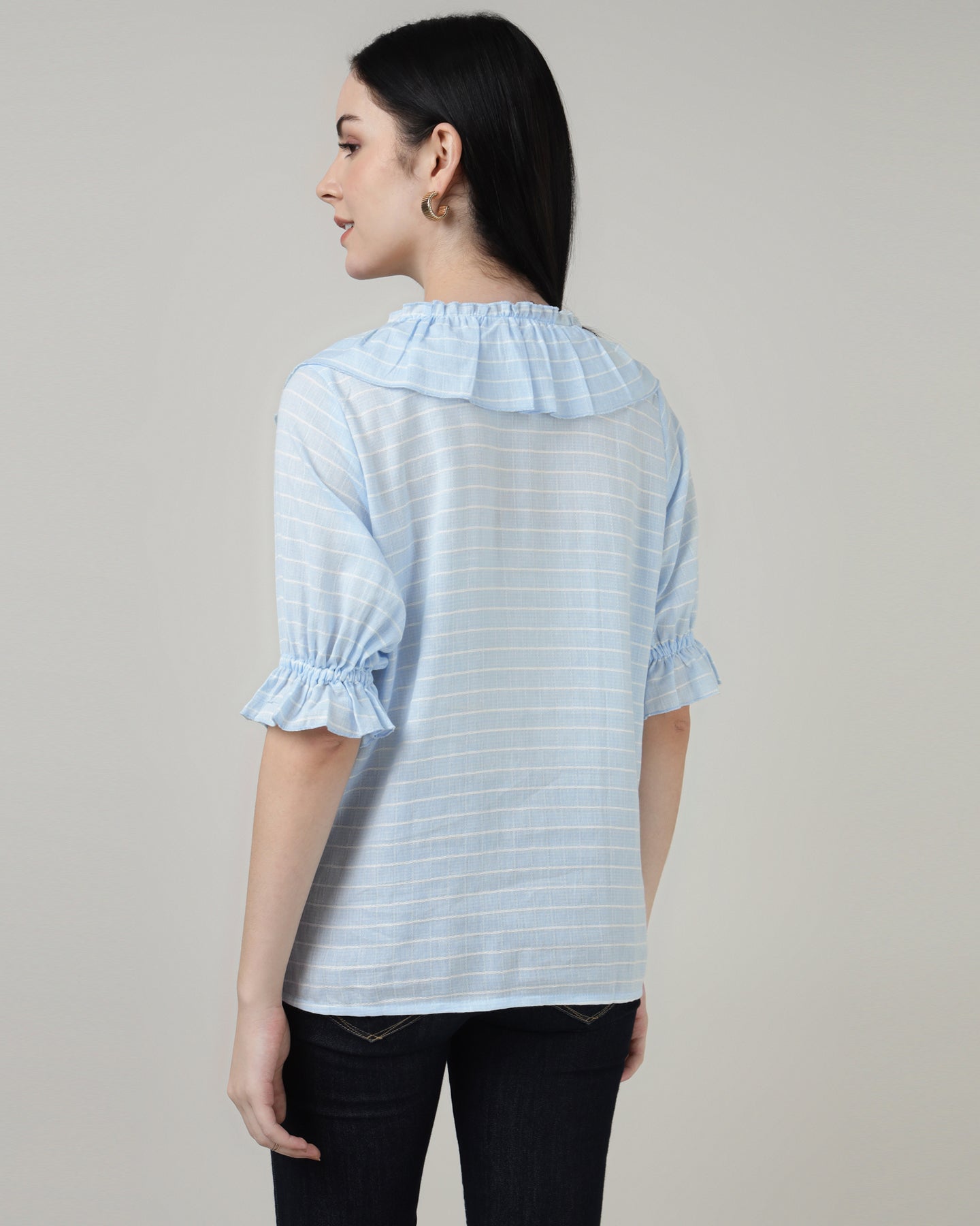 Ruffled Tie-Up Striped Blue Top-3001
