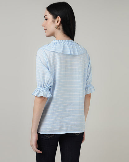 Ruffled Tie-Up Striped Blue Top-3001