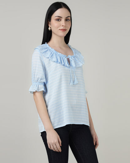 Ruffled Tie-Up Striped Blue Top-3001