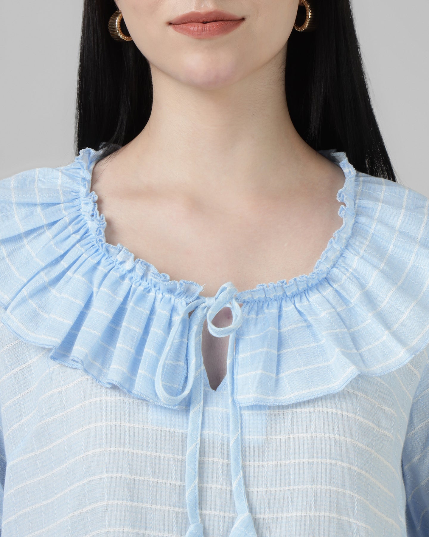 Ruffled Tie-Up Striped Blue Top-3001