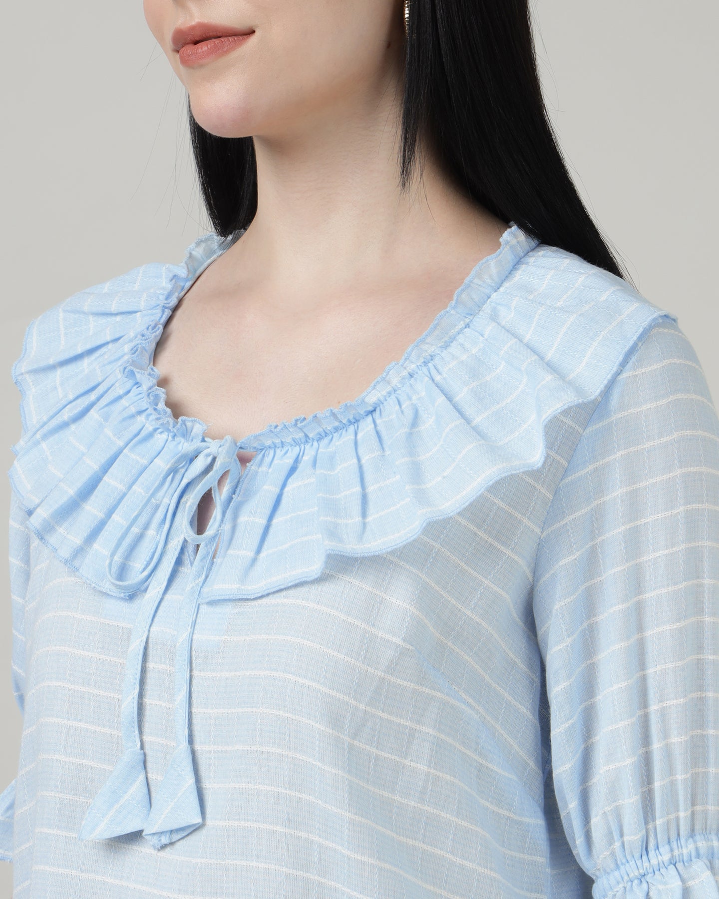 Ruffled Tie-Up Striped Blue Top-3001