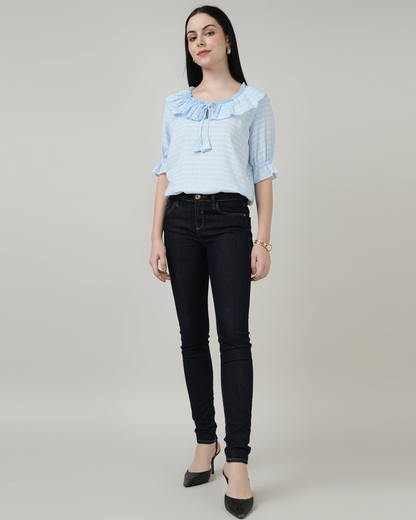 Ruffled Tie-Up Striped Blue Top-3001