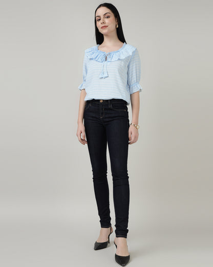 Ruffled Tie-Up Striped Blue Top-3001