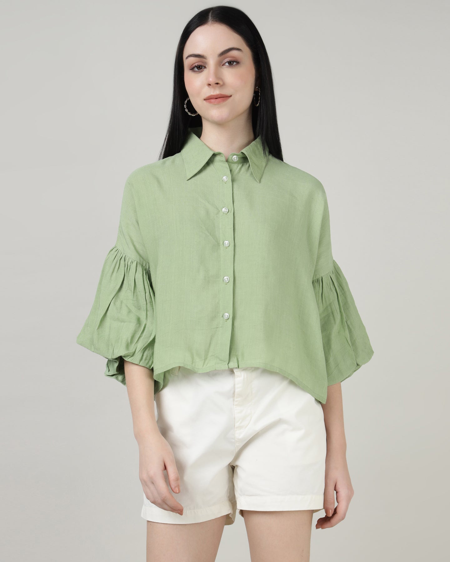 GREEN LINEN BELL SLEEVE SHIRT- 3002
