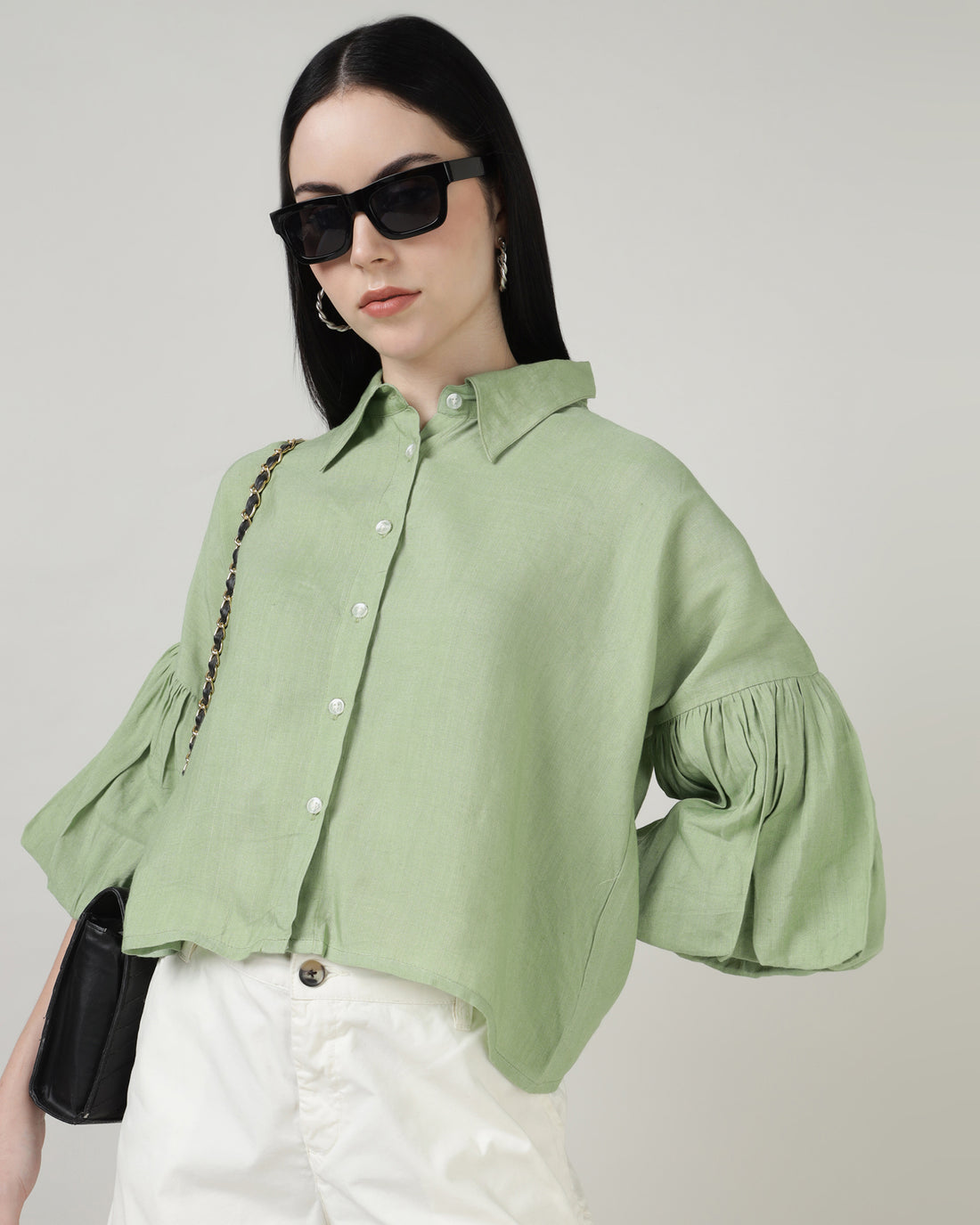 GREEN LINEN BELL SLEEVE SHIRT- 3002
