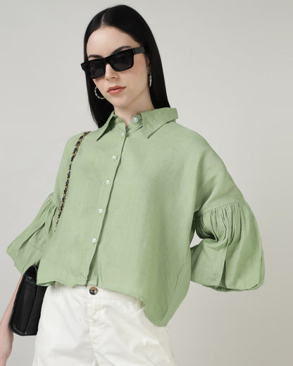 GREEN LINEN BELL SLEEVE SHIRT- 3002