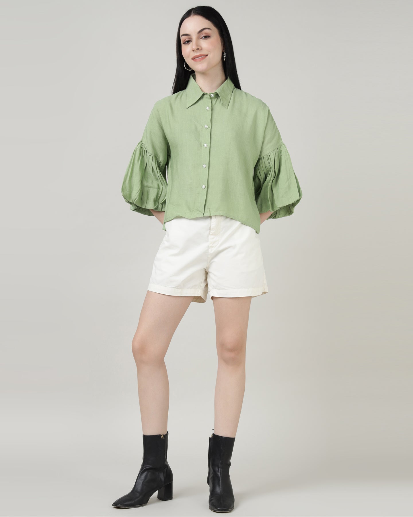 GREEN LINEN BELL SLEEVE SHIRT- 3002