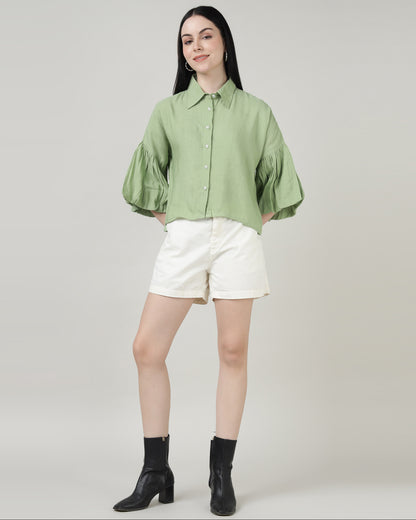 GREEN LINEN BELL SLEEVE SHIRT- 3002
