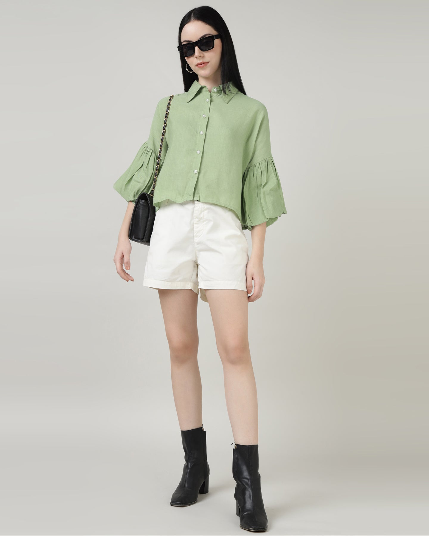 GREEN LINEN BELL SLEEVE SHIRT- 3002