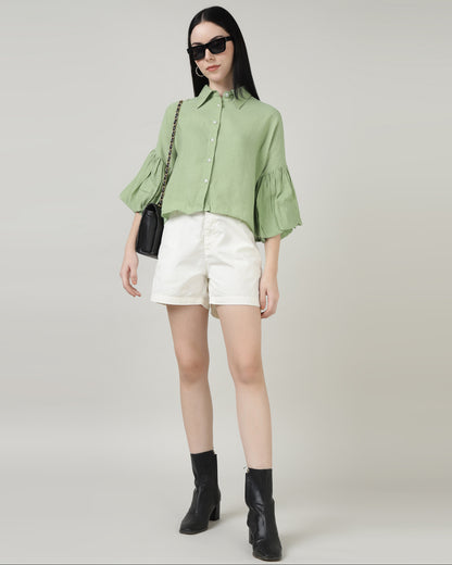 GREEN LINEN BELL SLEEVE SHIRT- 3002