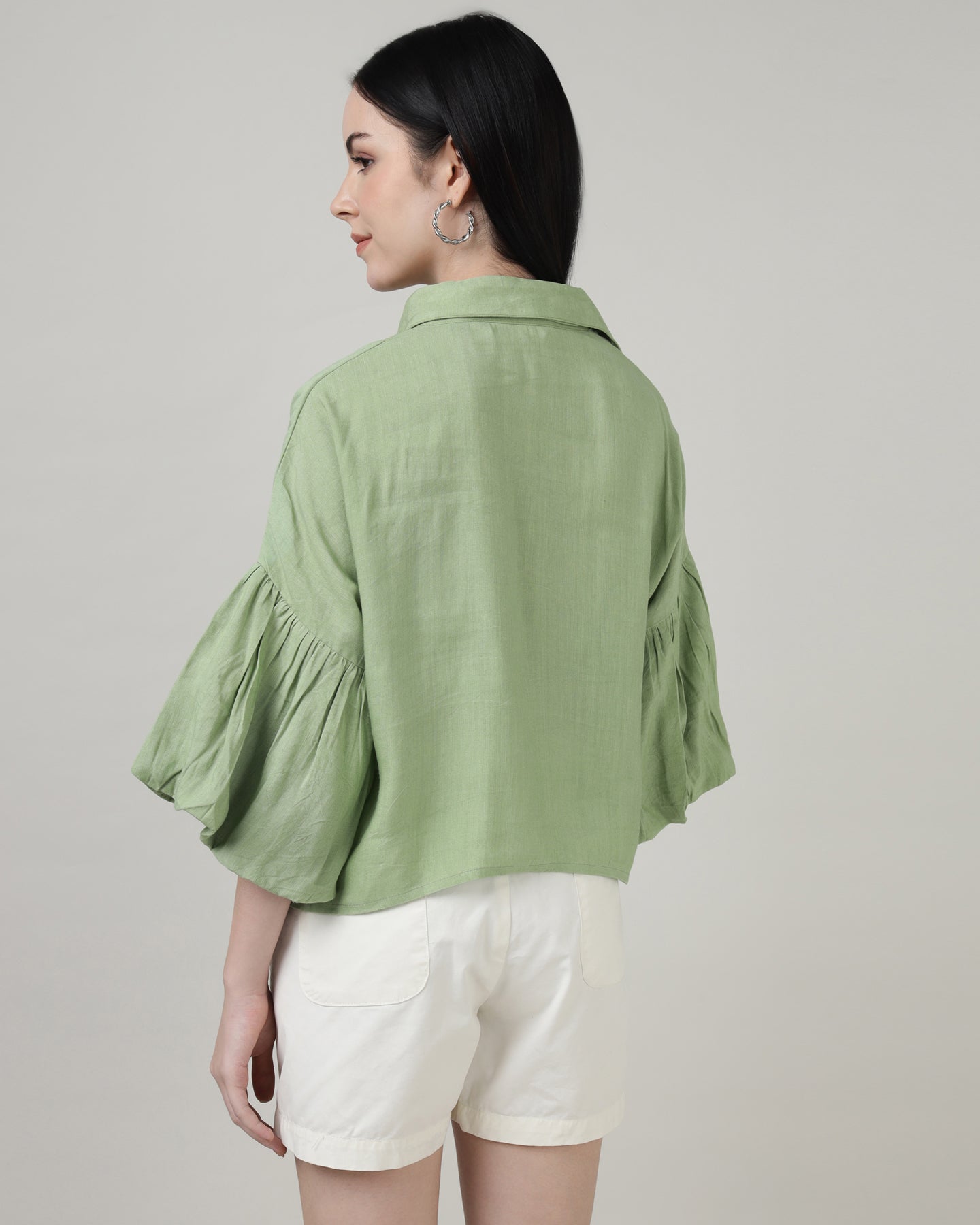 GREEN LINEN BELL SLEEVE SHIRT- 3002