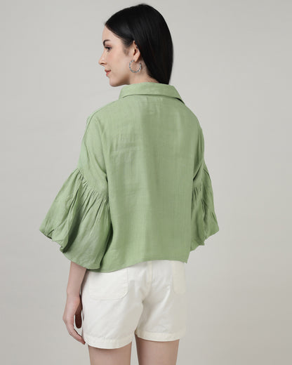 GREEN LINEN BELL SLEEVE SHIRT- 3002