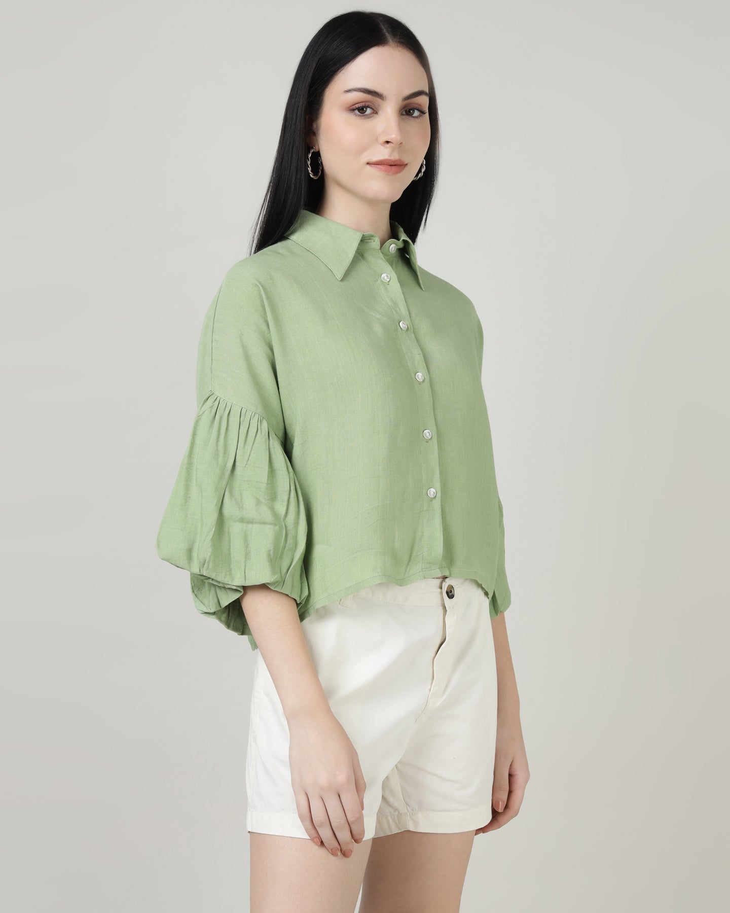 GREEN LINEN BELL SLEEVE SHIRT- 3002