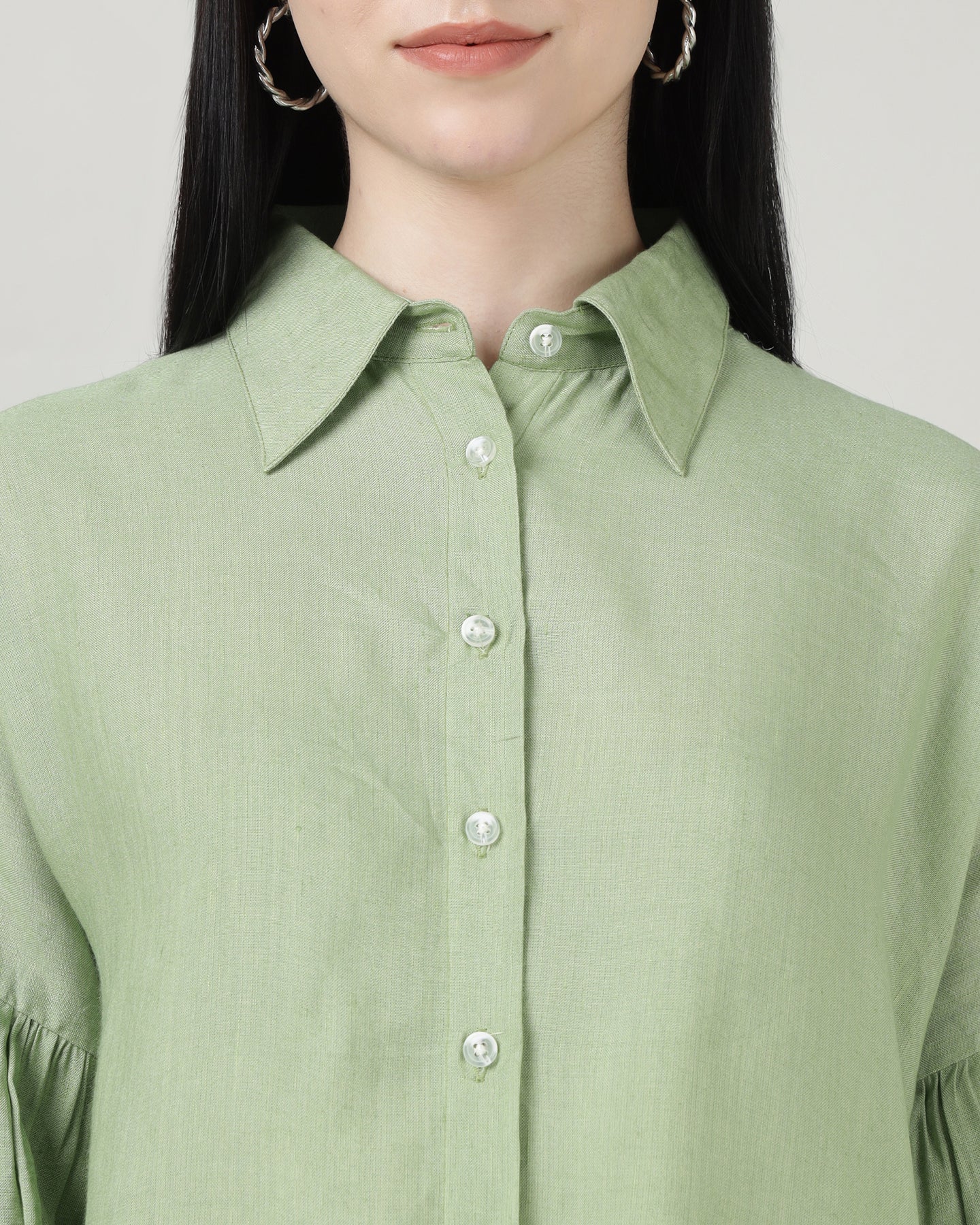 GREEN LINEN BELL SLEEVE SHIRT- 3002