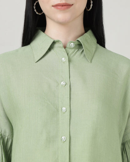 GREEN LINEN BELL SLEEVE SHIRT- 3002