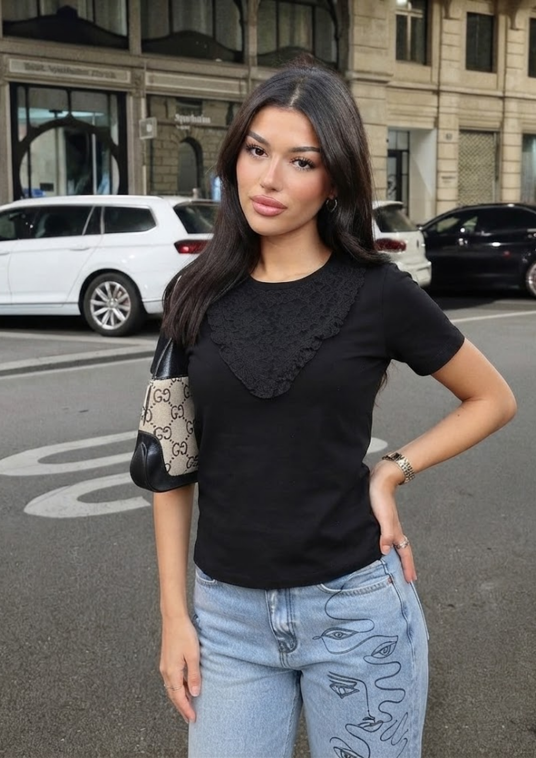 Sands Of India Black Regular T-shirt with lace neck accent- 2776