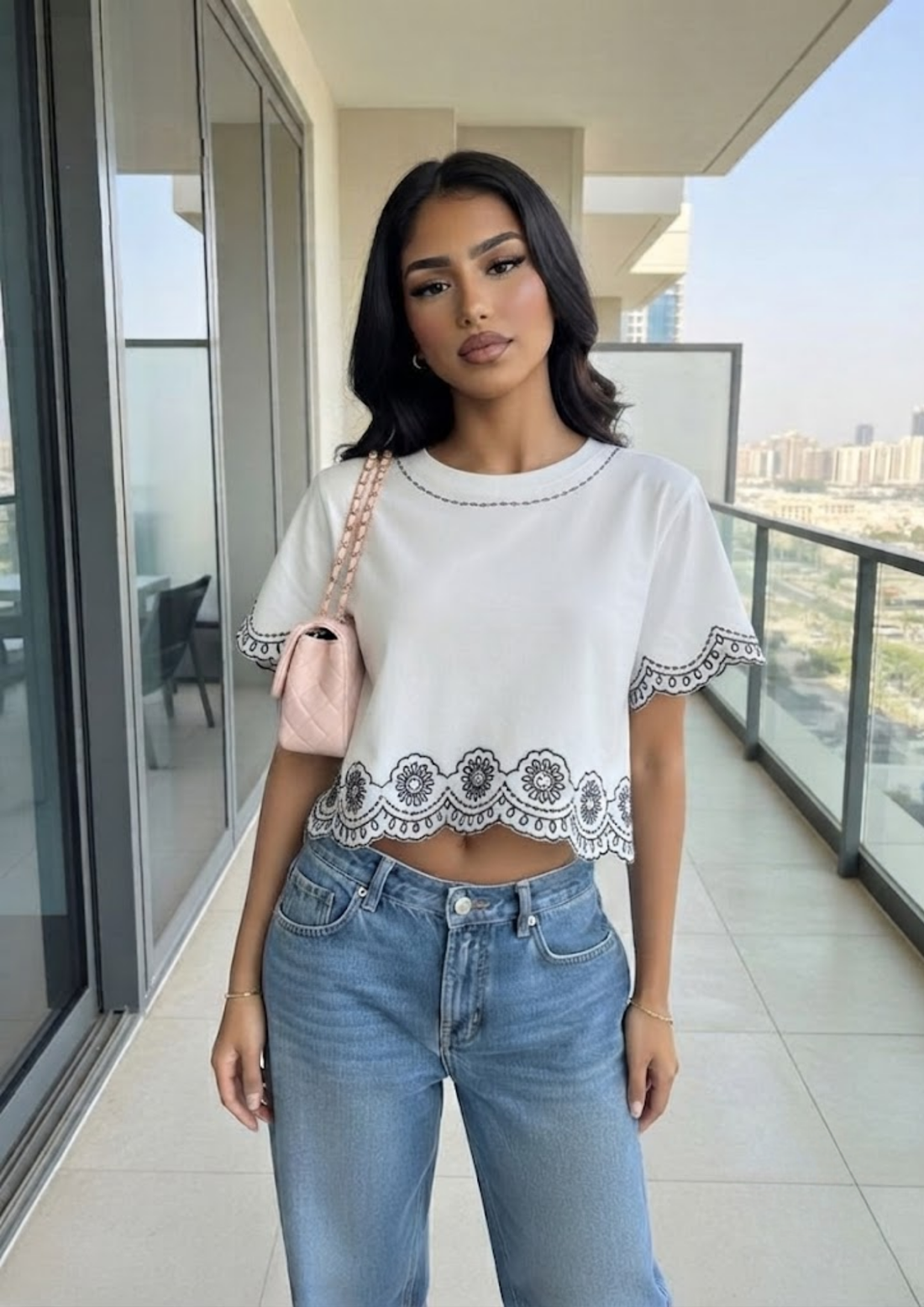 Sands Of India White and black Schiffli crop fit T-shirt - 2779