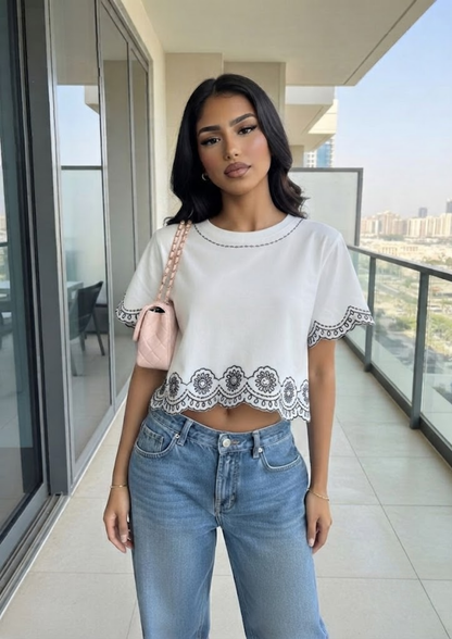 Sands Of India White and black Schiffli crop fit T-shirt - 2779