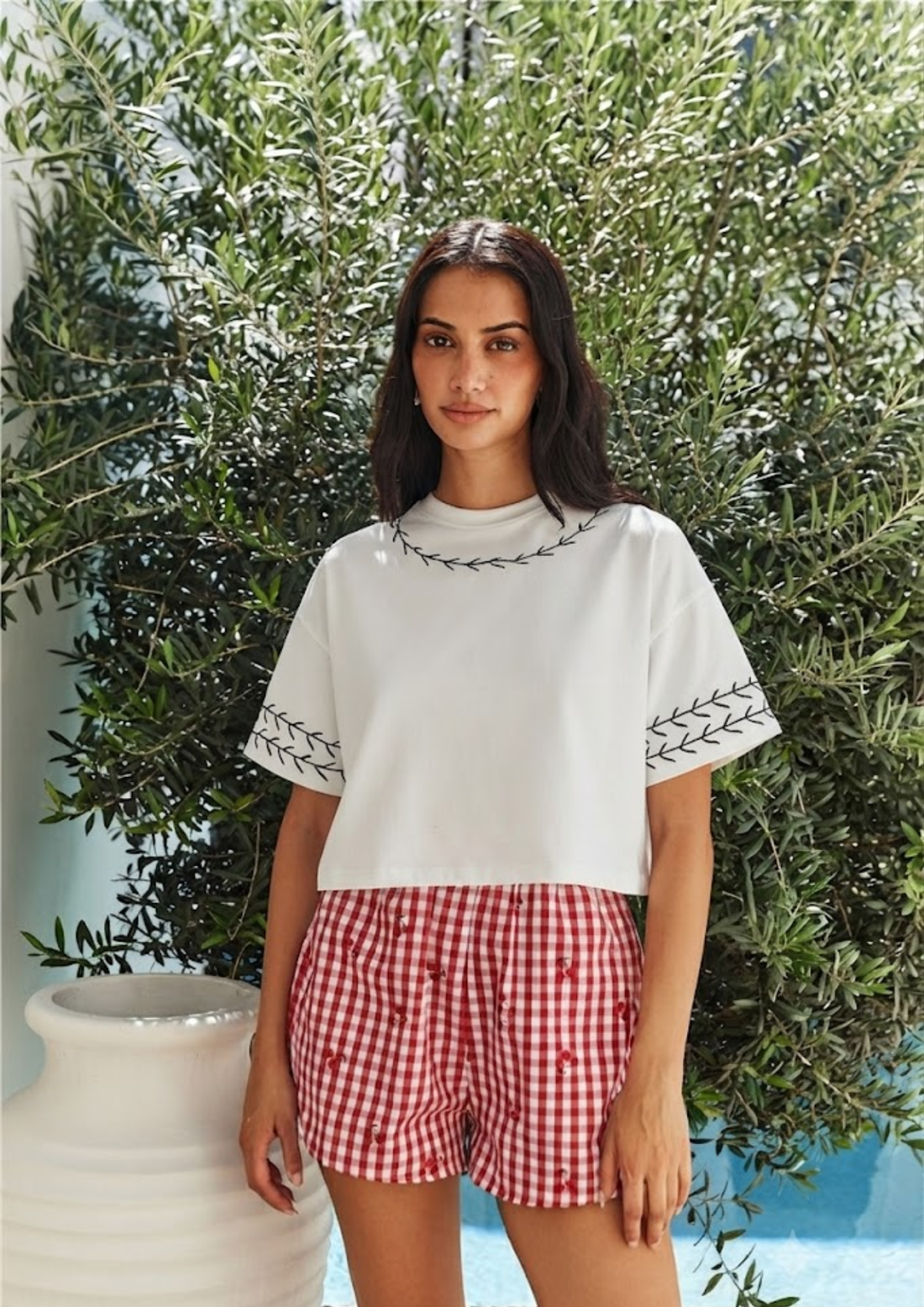 White Crop Top with Black Embroidery  - 2781