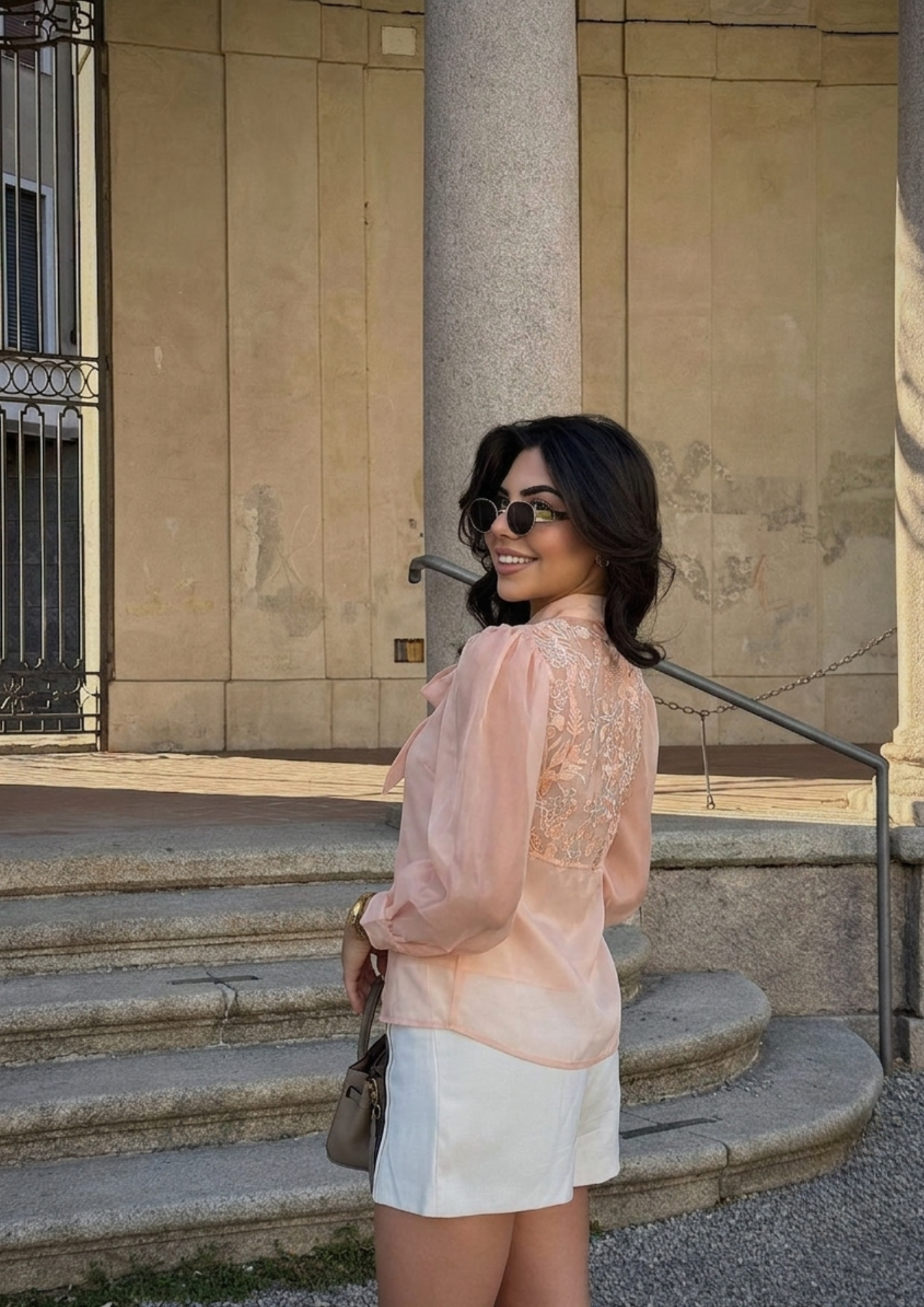 Women’s Peach Organza Back Yoke Embroidered Top with Camisole- 2816