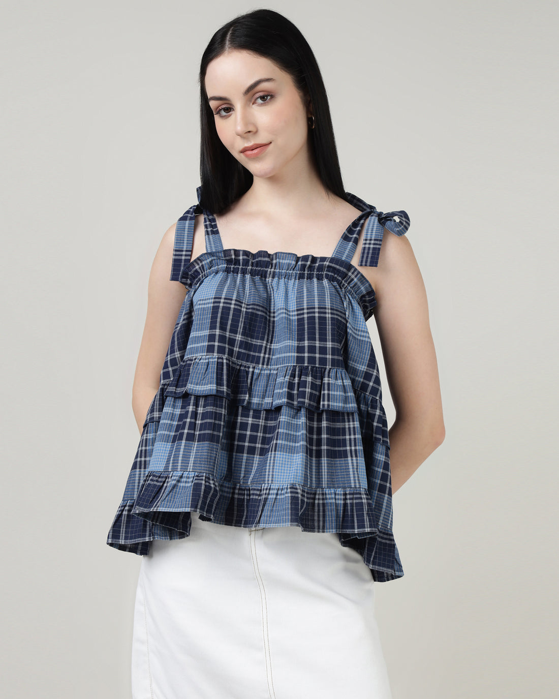 BLUE CHECKED RUFFLED TOP - 2986