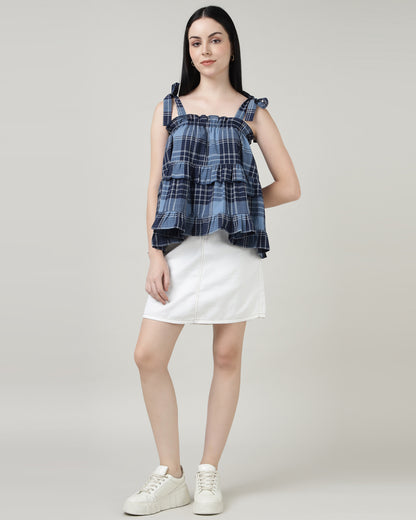 BLUE CHECKED RUFFLED TOP - 2986