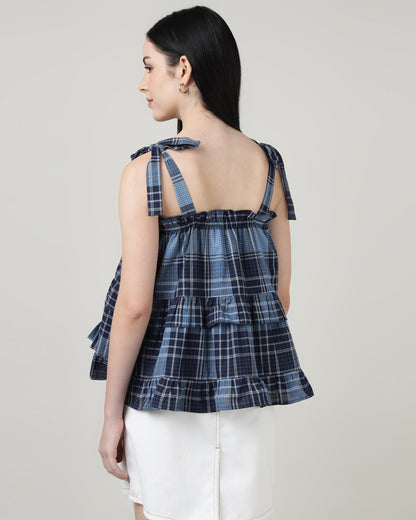 BLUE CHECKED RUFFLED TOP - 2986