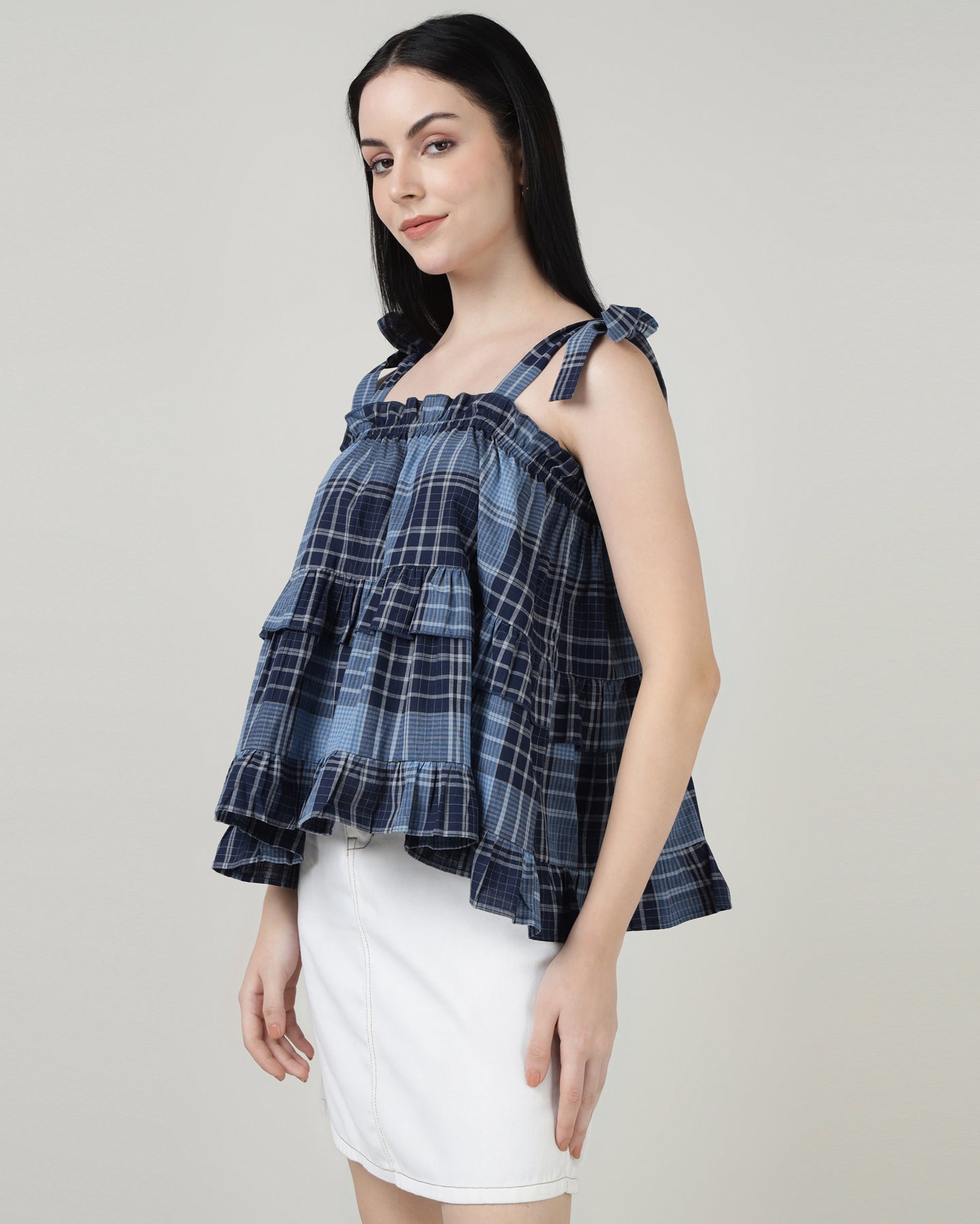BLUE CHECKED RUFFLED TOP - 2986