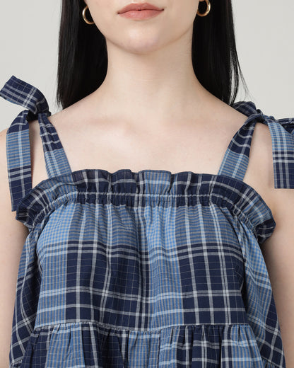 BLUE CHECKED RUFFLED TOP - 2986