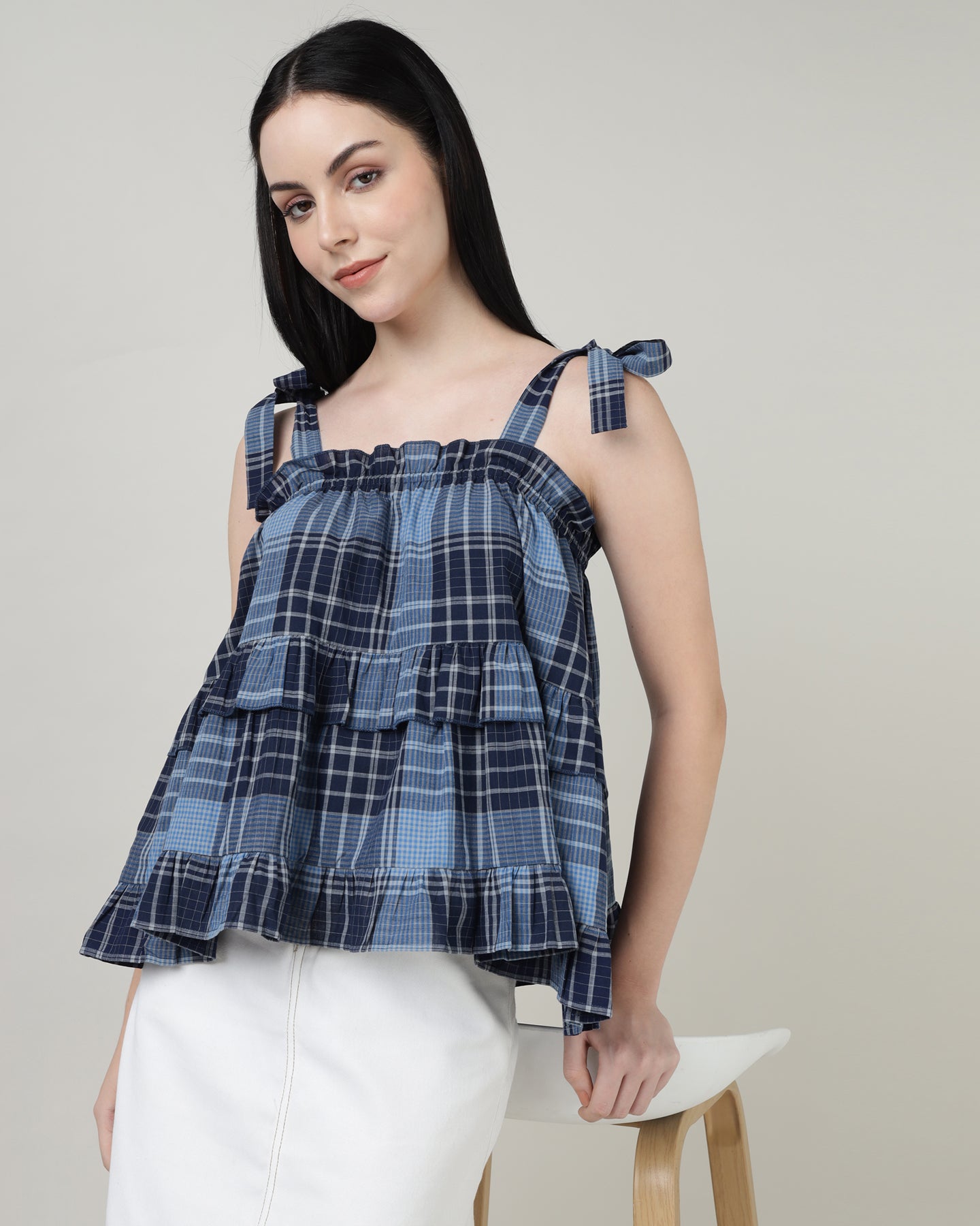 BLUE CHECKED RUFFLED TOP - 2986