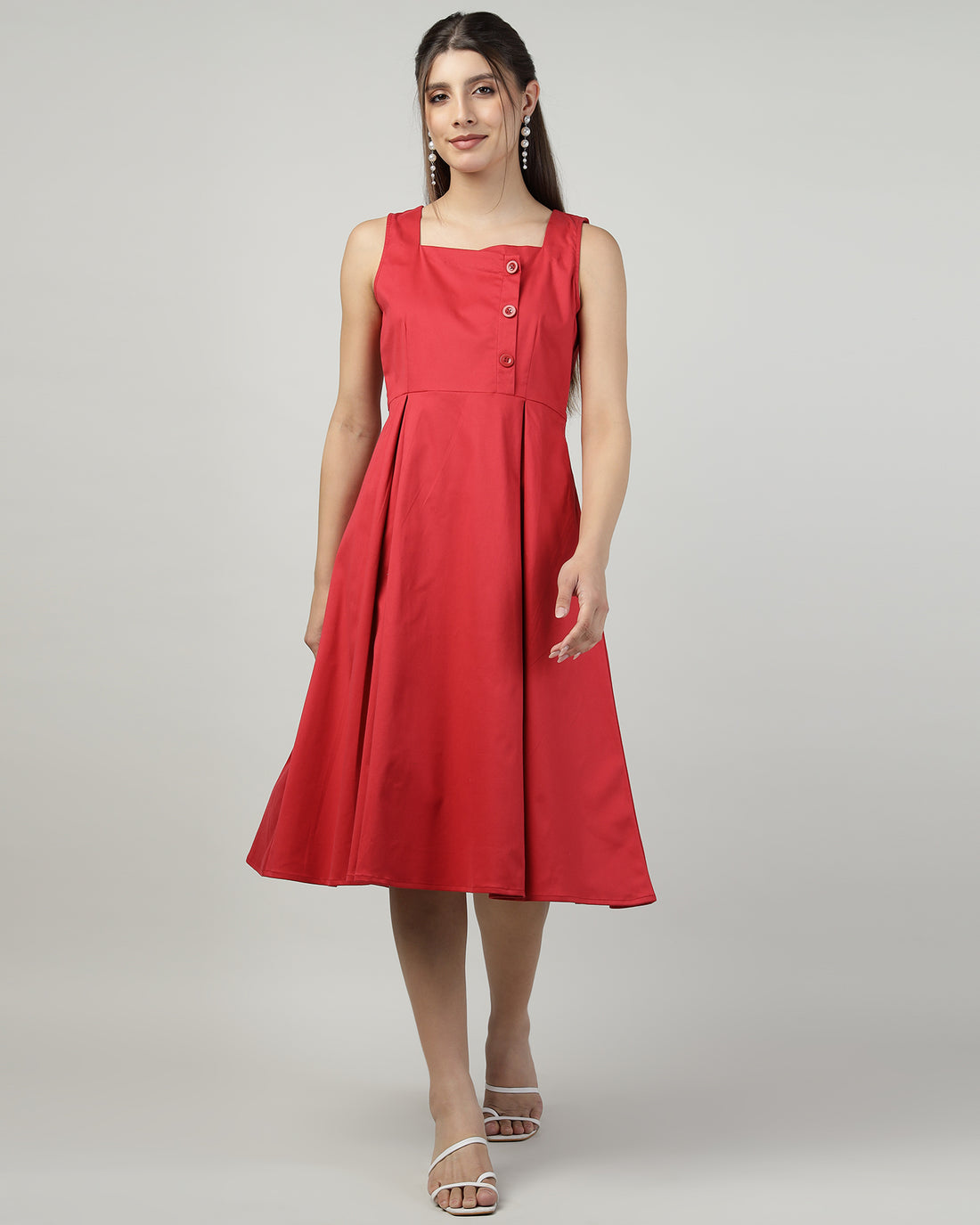 BUTTONED RED PINAFORE DRESS - 3005