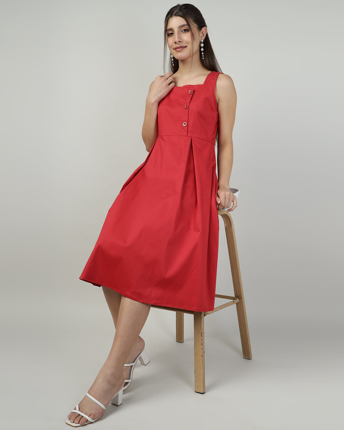 BUTTONED RED PINAFORE DRESS - 3005