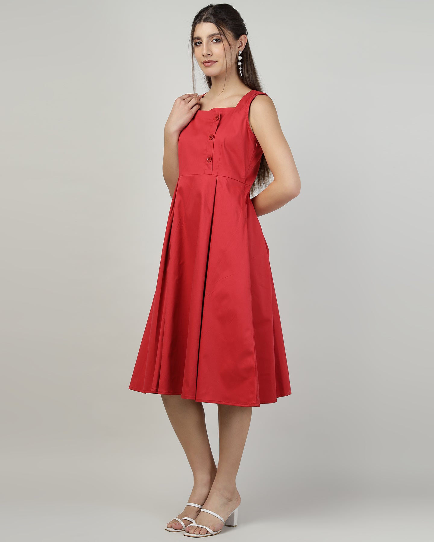 BUTTONED RED PINAFORE DRESS - 3005