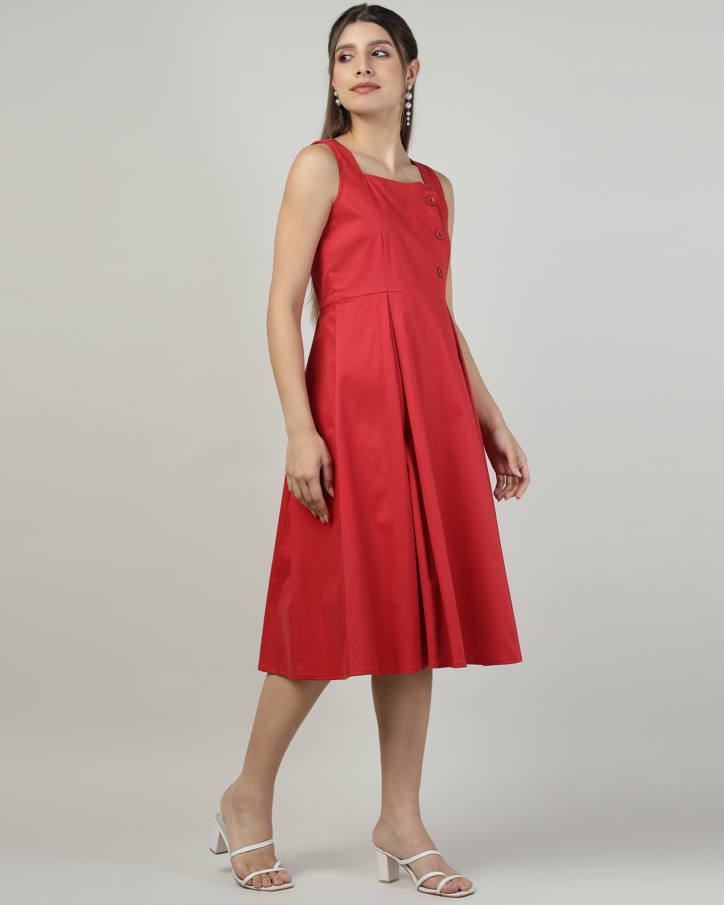 BUTTONED RED PINAFORE DRESS - 3005