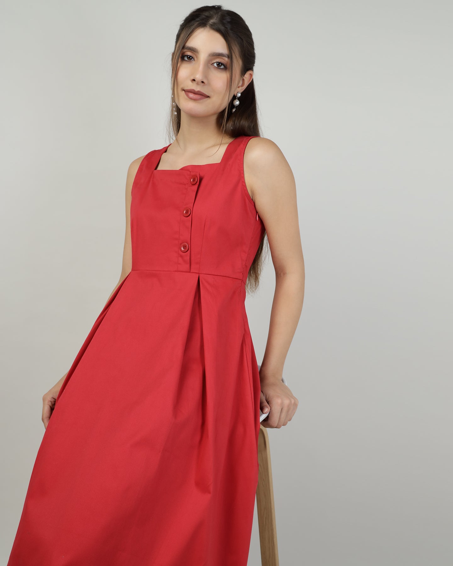 BUTTONED RED PINAFORE DRESS - 3005