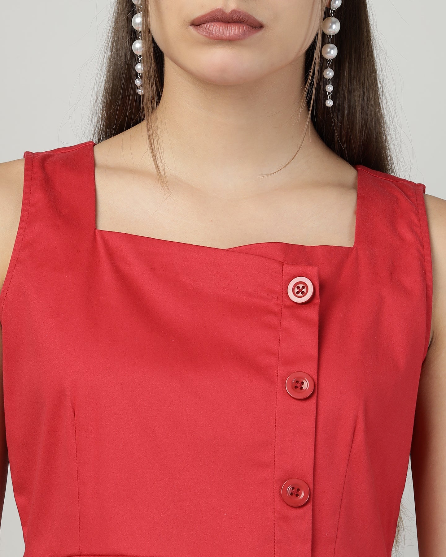 BUTTONED RED PINAFORE DRESS - 3005