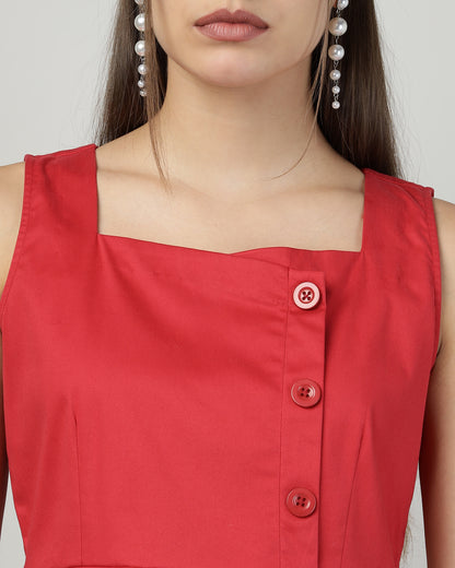 BUTTONED RED PINAFORE DRESS - 3005