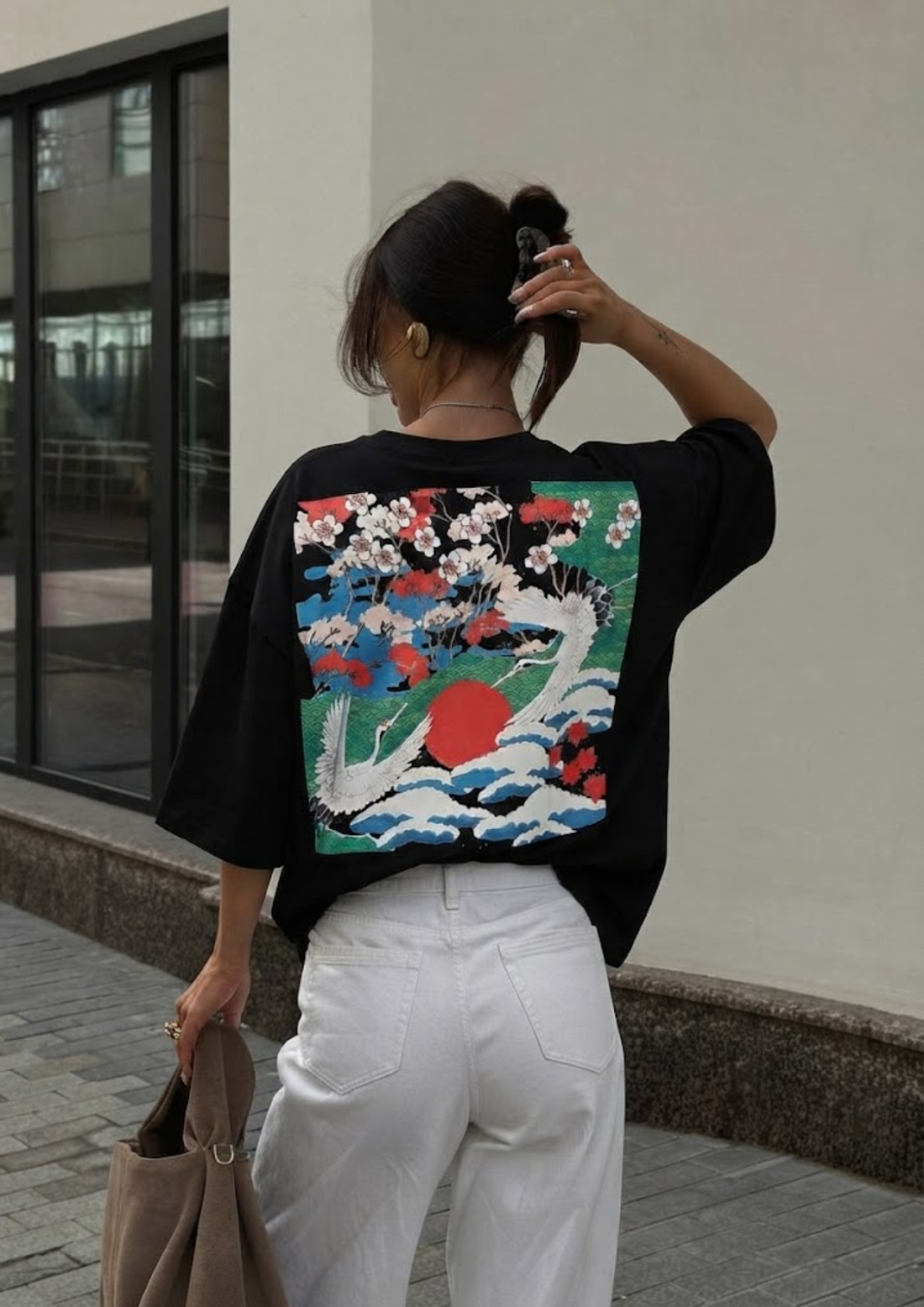 Sands Of India Women Black Oversize Unisex T-Shirt with Asian Graphic Print -2849