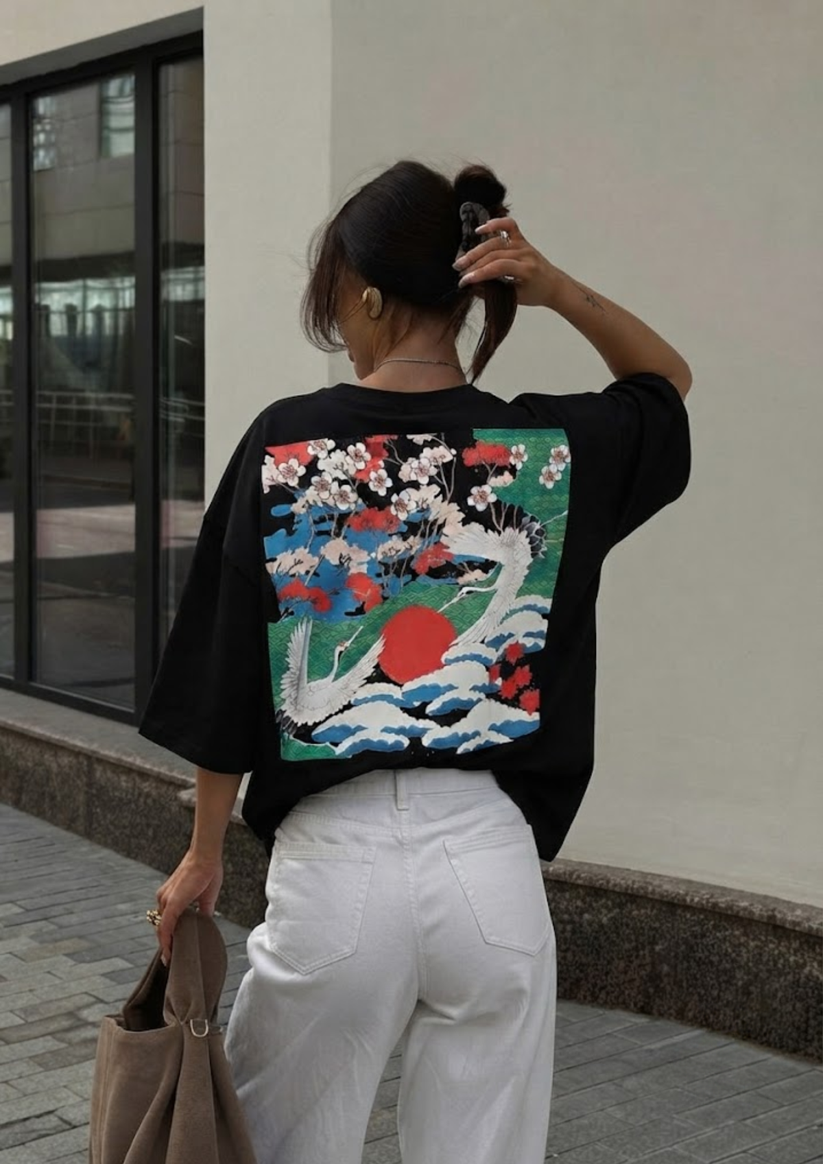 Sands Of India Women Black Oversize Unisex T-Shirt with Asian Graphic Print -2849