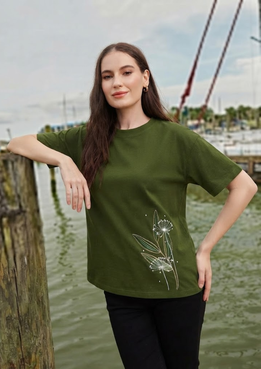 Sands Of India Olive Floral Embroidered Oversized T-Shirt - Casual Wear - 2851