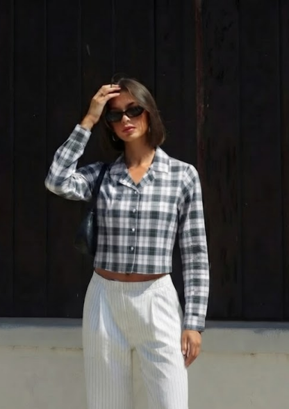 Sands Of India Women’s White and Grey Checked Crop Shirt- 2905