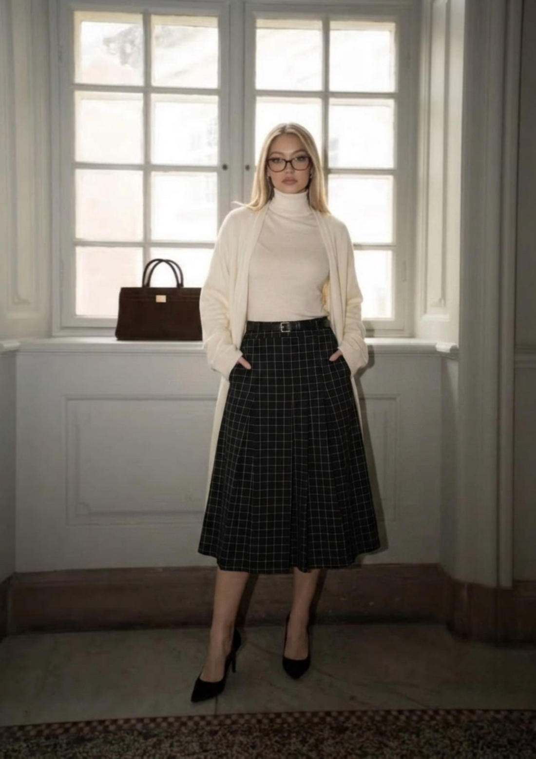 Women’s Black Checked Pleated A-Line Midi Skirt – Calf-Length-2932