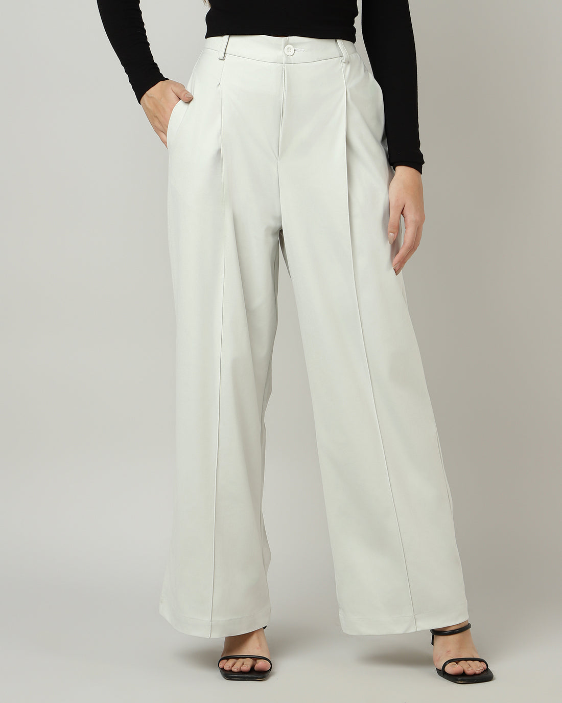 Women’s Off-White Pleated Wide-Leg Korean Pants - 3048