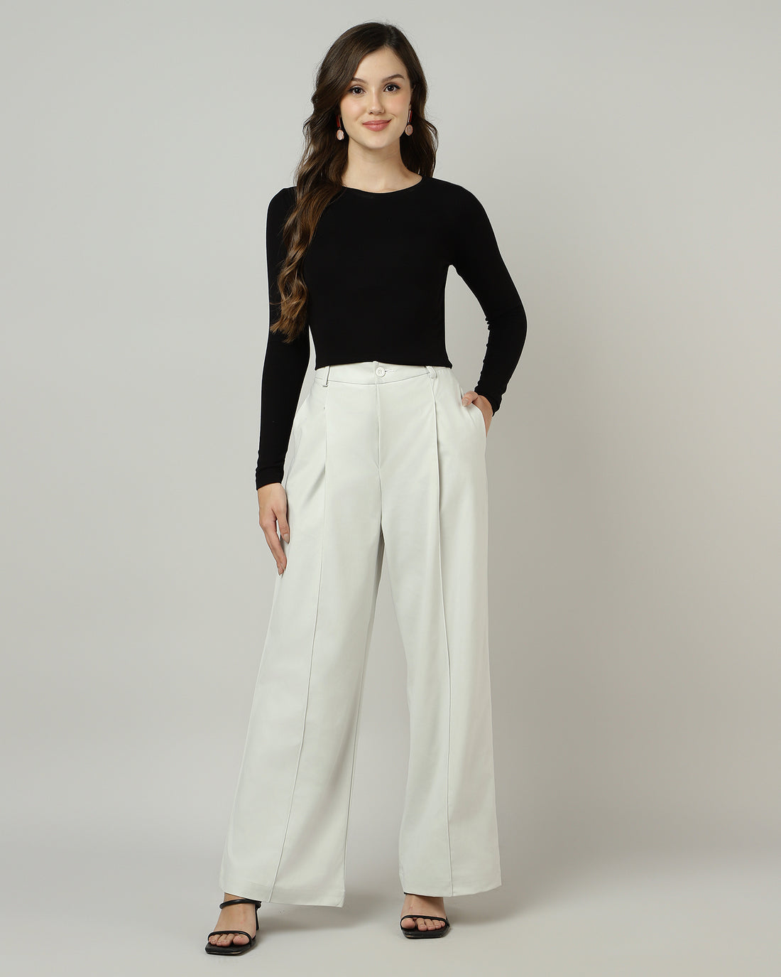 Women’s Off-White Pleated Wide-Leg Korean Pants - 3048