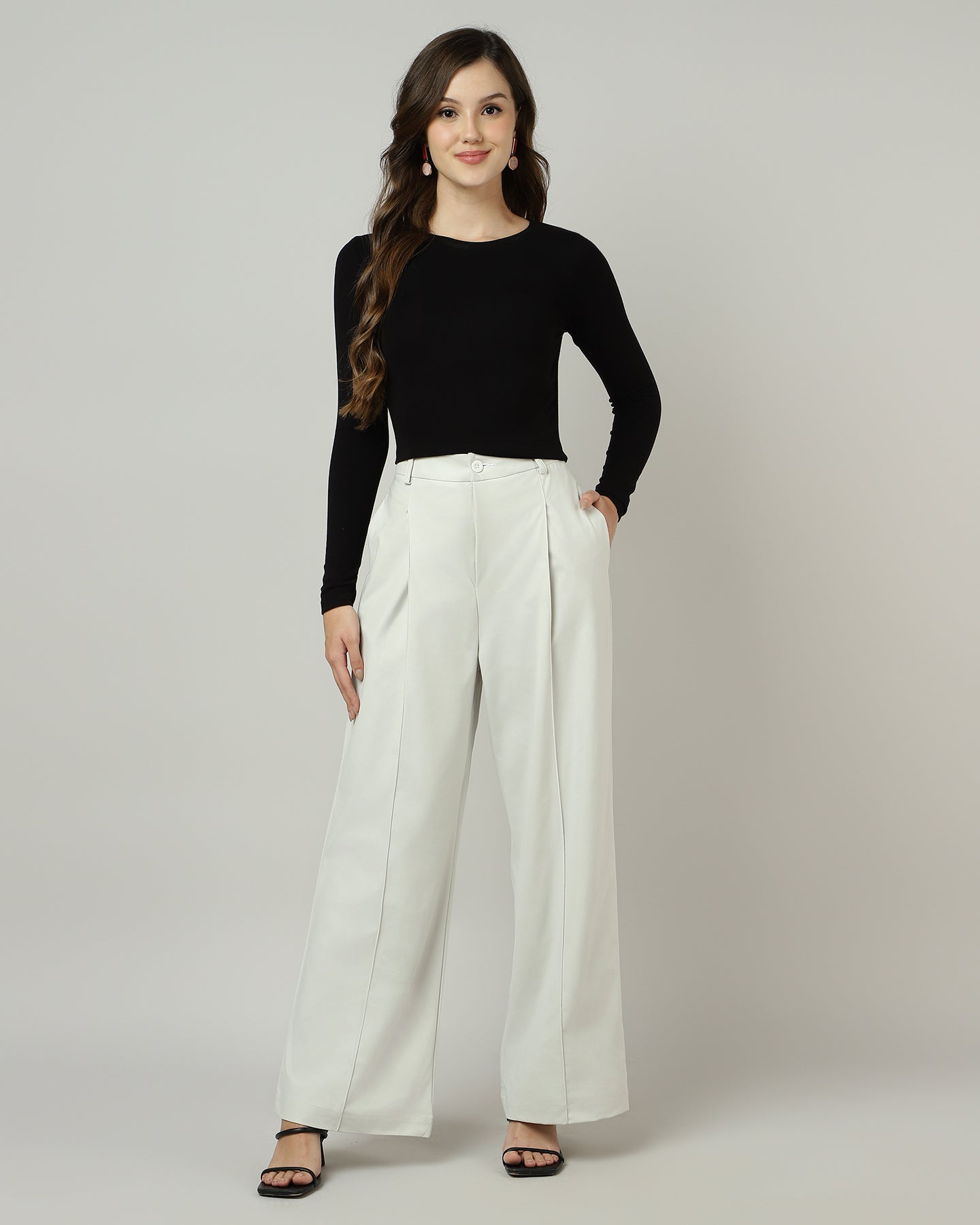 Women’s Off-White Pleated Wide-Leg Korean Pants - 3048