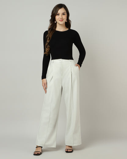 Women’s Off-White Pleated Wide-Leg Korean Pants - 3048