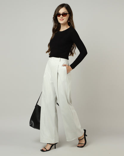 Women’s Off-White Pleated Wide-Leg Korean Pants - 3048