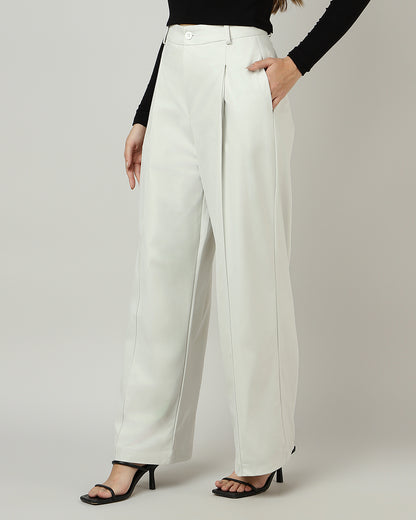 Women’s Off-White Pleated Wide-Leg Korean Pants - 3048
